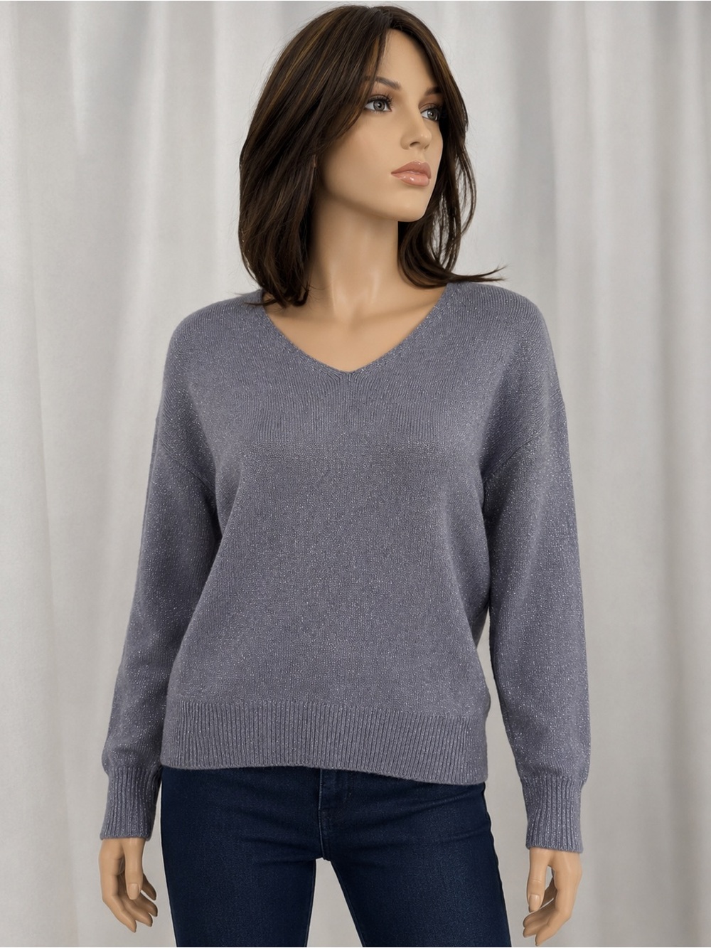 Loft Women’s V-Neck Long Sleeve Sweater Gray Purple Knit Casual Aesthetic Sise L